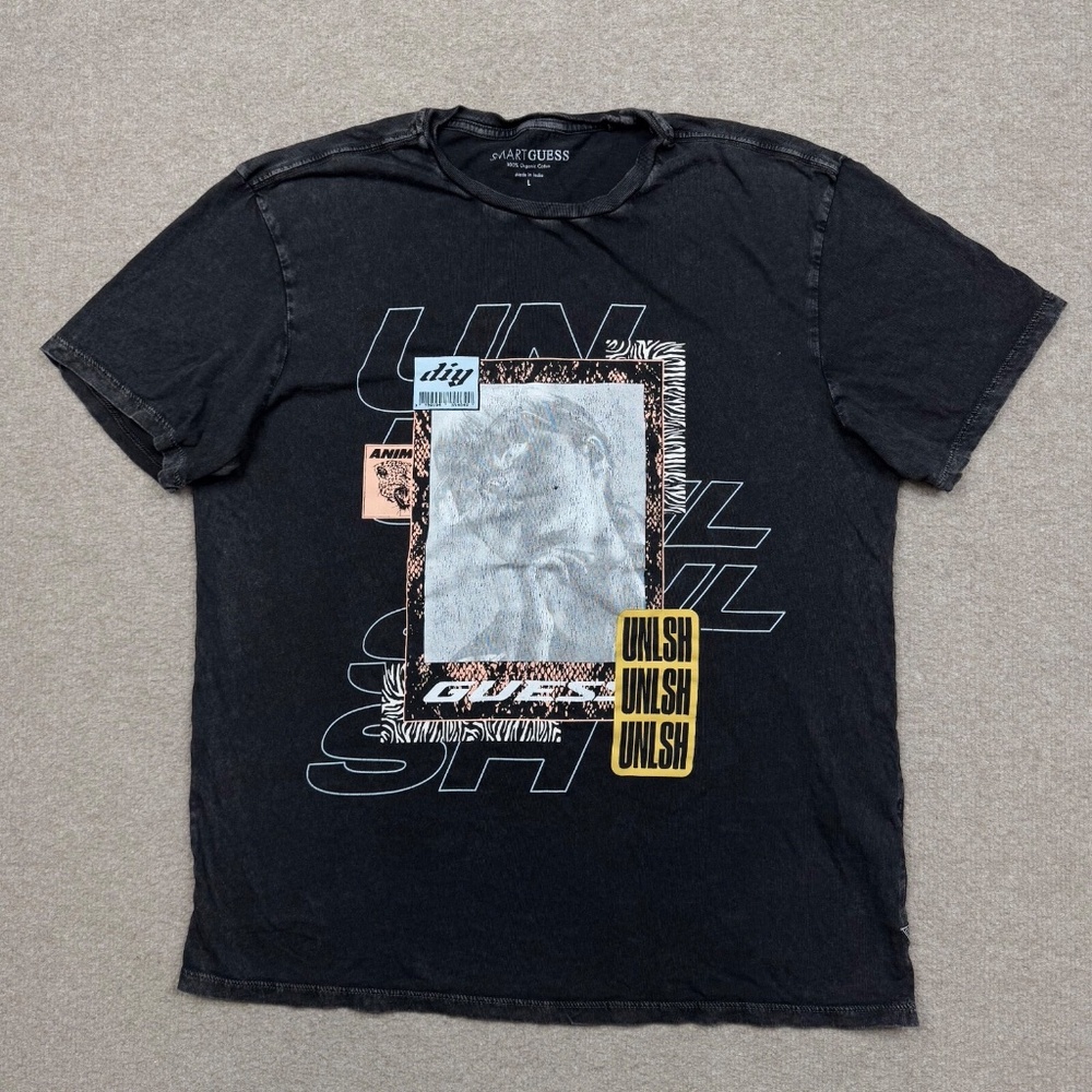 Guess Graphic T Shirt Men's Size L Black Short Sleeve Crew Neck Stretch Casual